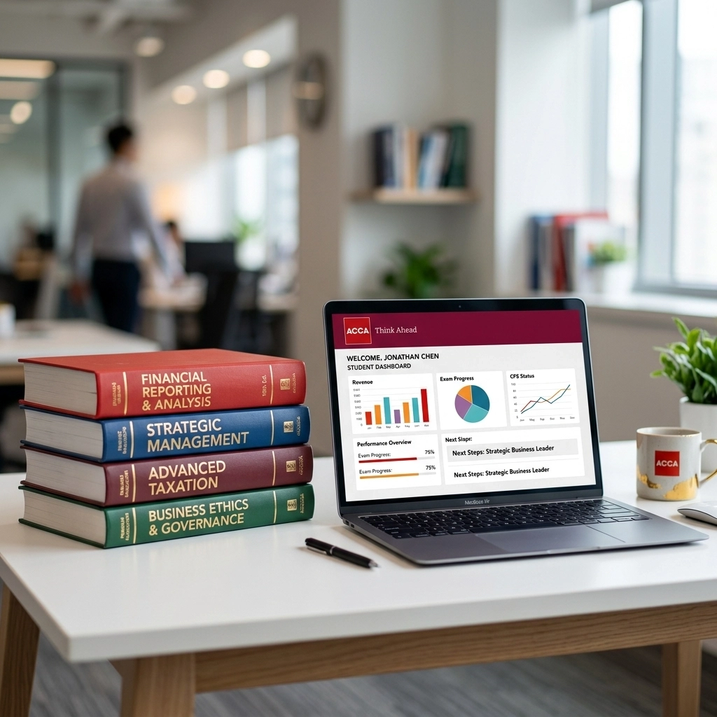 ACCA Textbooks stack and open Laptop displaying dashboard